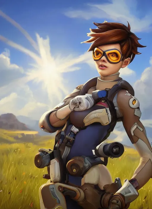 prompthunt: beautiful oil painting of tracer from the game overwatch in the  style of mark arian, standing alone in grassy field, smiling while the sun  shines down, feminine face, light rays, radiant