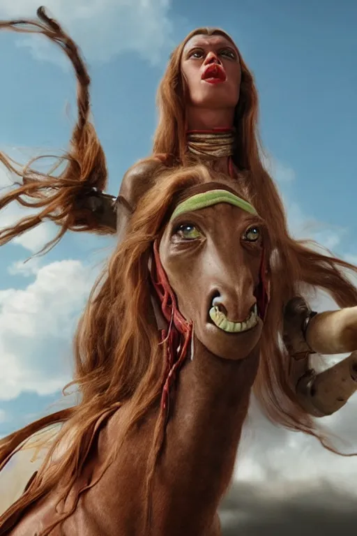 Prompt: film still of jar jar binks as a female cowgirl, long eyeslashes, big juicy lips, big seductive eyes, dramatic cinematic lighting, dolce & gabbana campaign, shot by mario testino, realistic vfx simulation, wavy red hair blowing in the wind 4 k