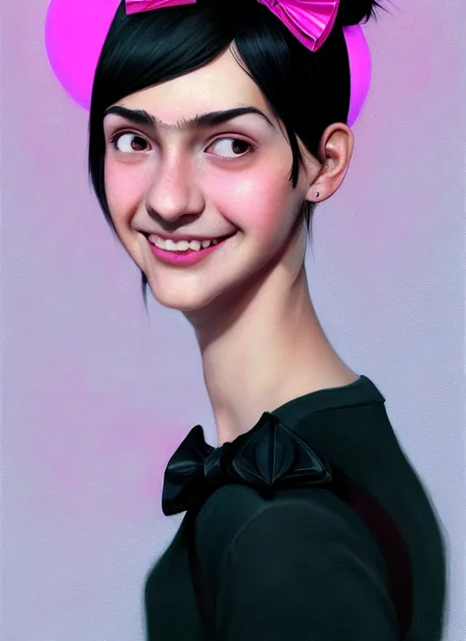 Image similar to portrait of teenage girl, realistic, black hair, bangs, half updo hairstyle, pointy nose, skinny, smile, ugly, defined jawline, big chin, pink hair bow, earrings, intricate, elegant, glowing lights, highly detailed, digital painting, artstation, sharp focus, illustration, art by wlop, mars ravelo and greg rutkowski