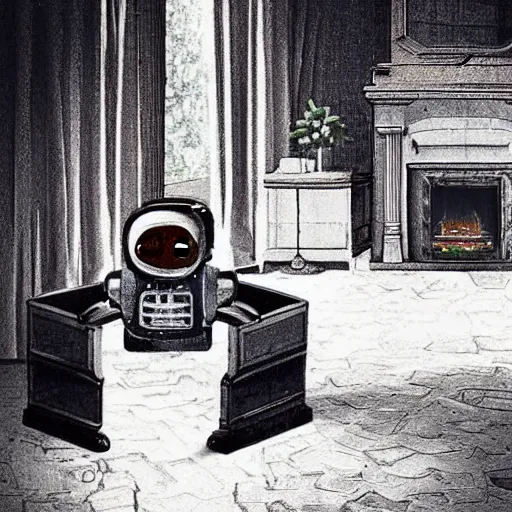 Prompt: “a lonely robot reads a book near a fireplace in a Victorian home., IMAX 70mm footage”