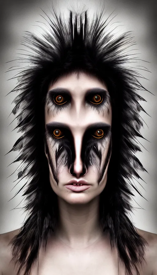 Image similar to epic professional digital portrait art of a human - aninal hybrid creature, portrait, human eyes, crow head, human skin, feathery skin, humanoid figure