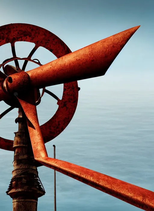 Image similar to cinematic artwork close up of a broken and rusted wind turbine standing alone in a dried up ocean, digital art