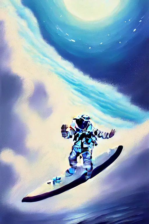 Image similar to a beautiful digital painting of an astronaut in a white space suit surfing the great wave on a surfboard by greg rutkowski, photorealistic, trending on artstation, octane render