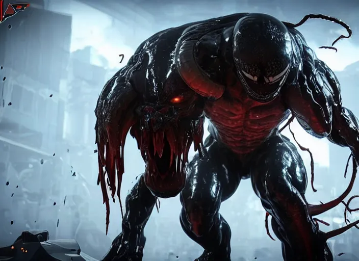 Image similar to venom fused with doomslayer, ultra realistic 4 k unreal engine very cinematic render with ray tracing bloom ambient occlusion strong reflections depth of field fog