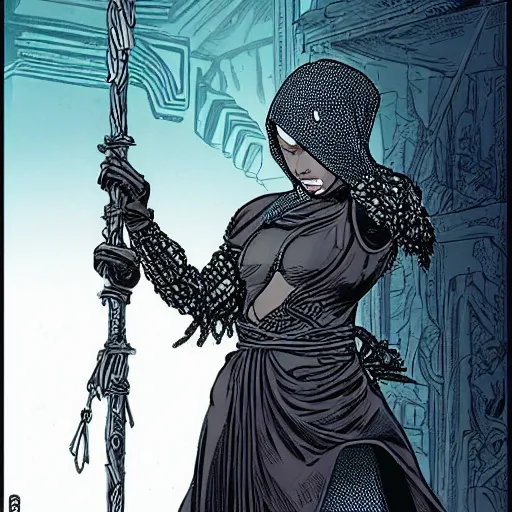 Prompt: a warrior woman in a dark robes covered by modern body armor, her face is covered by a chain - mail veil, she is holding a long staff, intricate, elegant, highly detailed, smooth, sharp focus, high contrast, graphic novel, art by michael choi and laurie greasley,