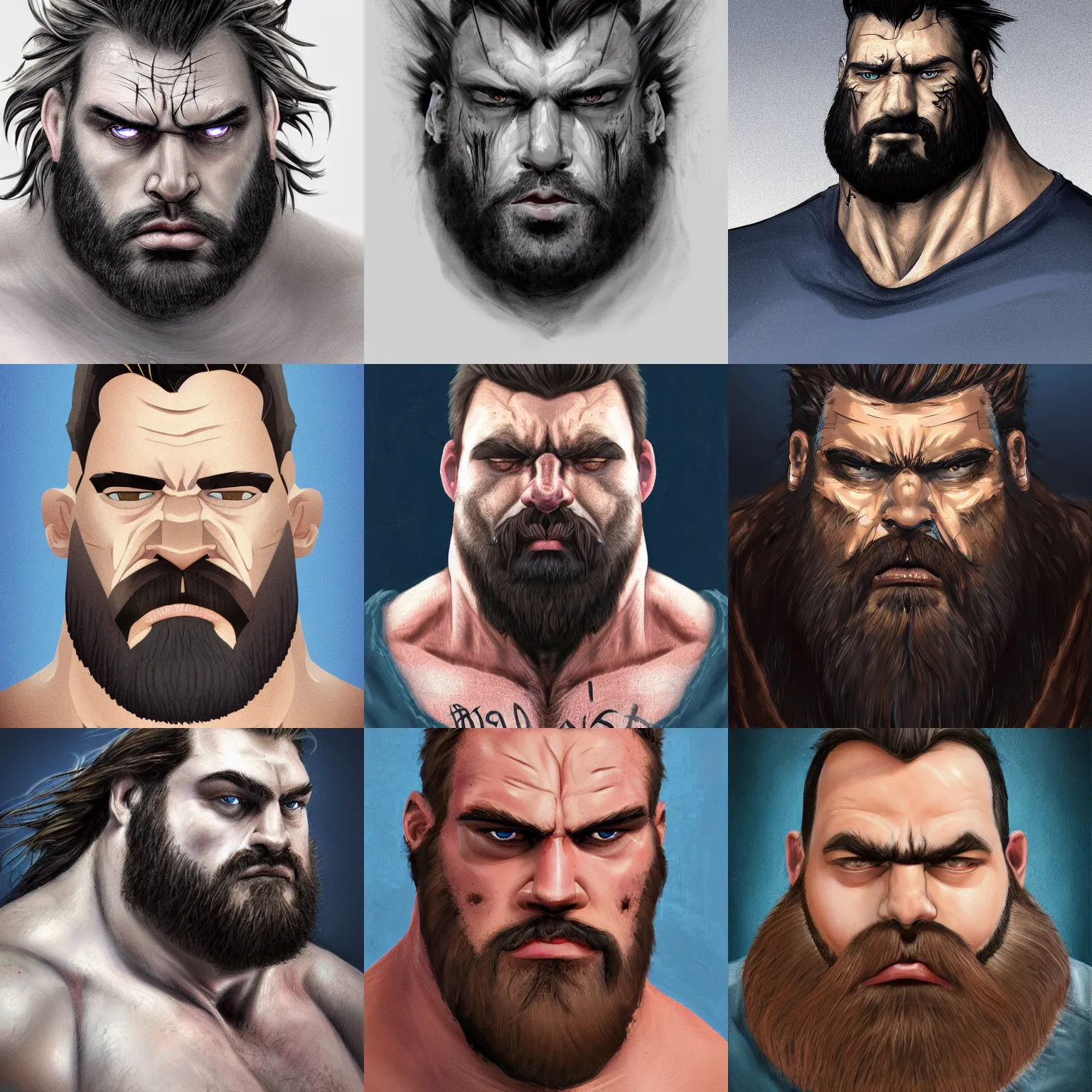 Prompt: portrait of a big, physically imposing man, with a tangled mass of hair, and deeply set dark blue eyes, he has a great many scars, scarred face, with a bent nose and a big notch out of one ear. highly detailed, digital painting, artstation, concept art, sharp focus, manly face, tough, hard, illustration, art by Artgerm and greg rutkowski and alphonse mucha