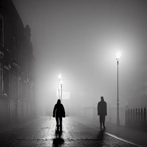 Image similar to London at night, deep fog, jack the ripper walks looking for his next victim, by Michelangelo