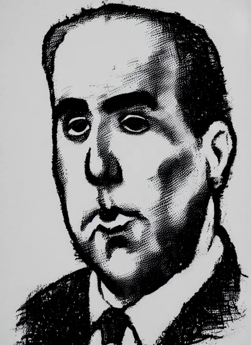 Image similar to portrait of niels bohr, penned with black ink, smooth lines, stipples, smooth, on white