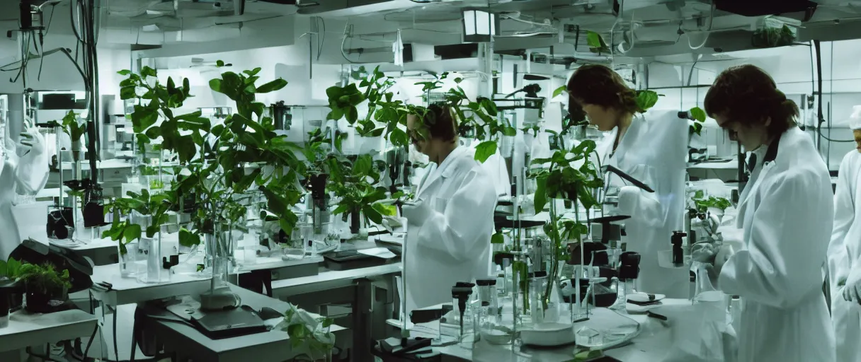 Image similar to filmic movie still 4 k uhd 3 5 mm film color photograph of minimal biology lab full of plants