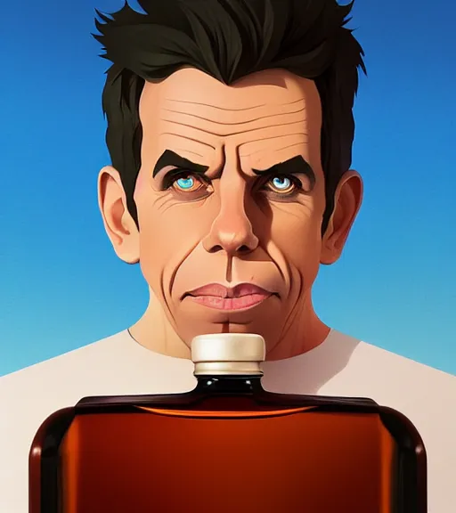 Image similar to face icon stylized minimalist bottle!! ben stiller whiskey!, loftis, cory behance hd by jesper ejsing, by rhads, makoto shinkai and lois van baarle, ilya kuvshinov, rossdraws global illumination