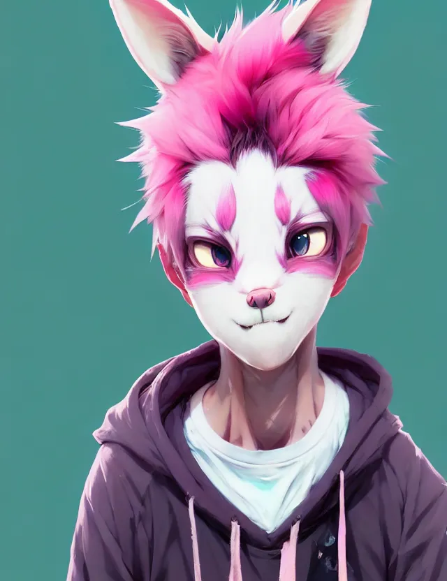 Image similar to a beautiful headshot portrait of a cute anime male with pink hair and pink wolf ears green eyes piercings wearing a hoodie. character design by cory loftis, fenghua zhong, ryohei hase, ismail inceoglu and ruan jia. artstation, volumetric light, detailed, photorealistic, fantasy, rendered in octane