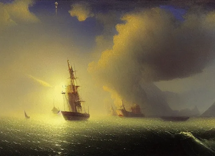 Image similar to a spaceship in a bottle, painting by Ivan Aivazovsky