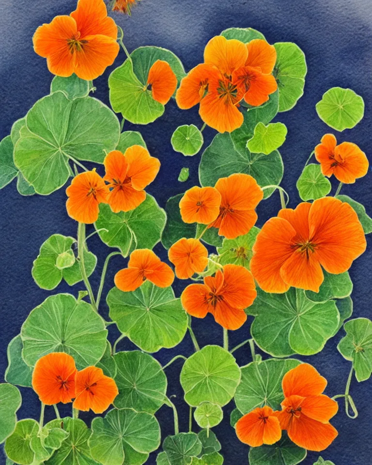 Prompt: award winning watercolour painting of nasturtiums