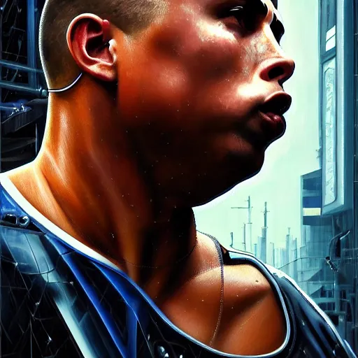 Prompt: ultra realist intricate detailed pin - up painting of ronaldo nazario as a single rugged cyborg male, and cyborg tech on body and legs, symmetry accurate features, cyberpunk, industrial, apocalyptic, very intricate details, focus, high resolution, 8 k resolution, dramatic lighting, artstyle hiraku tanaka, award winning