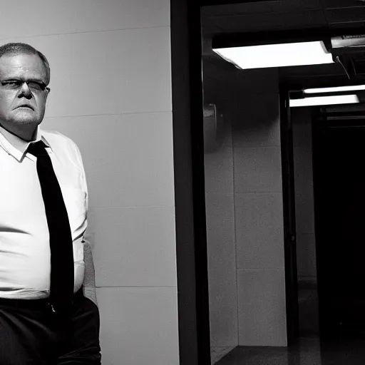 Image similar to ultrarealistic photo of former prime minister scott morrison lurking in the shadows in the style of film noir, full body, hiding, high contrast, 8 k, raw, unedited, symmetrical balance, in - frame