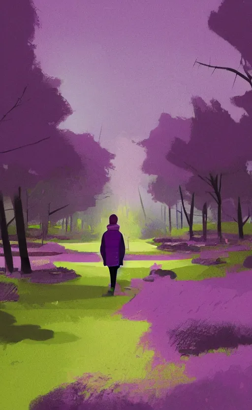 Prompt: a digital art illustrated portrait of a jaded 2 2 year old gen z student wearing a purple parka walking in a park, in the style of a paul lehr masterpiece digital art illustration