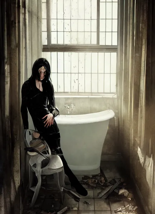 Image similar to a 1 4 year old girl eveline from resident evil 7 with straight long black hair wearing black dress that sitting on bathroom floor, photo for vogue, model エリサヘス s from acquamodels, art by artgem, greg rutkowski and alphonse mucha, render in re engine