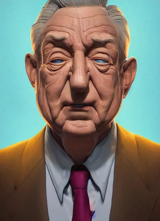 Image similar to colourful caricature - 3 d vfx art - portrait of a george soros with money all around hime, art style by james jean & hsiao - ron cheng, character concept art, unreal engine render, digital illustration, sharp, intricate detail, volumetric light, ray tracing, soft light, symmetric, pinterest, artstation, behance,