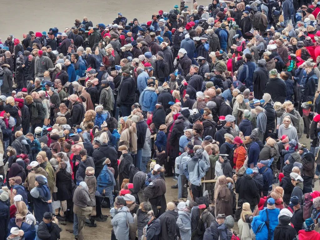 Image similar to People standing in line to put on a hat under armed guard, 4k