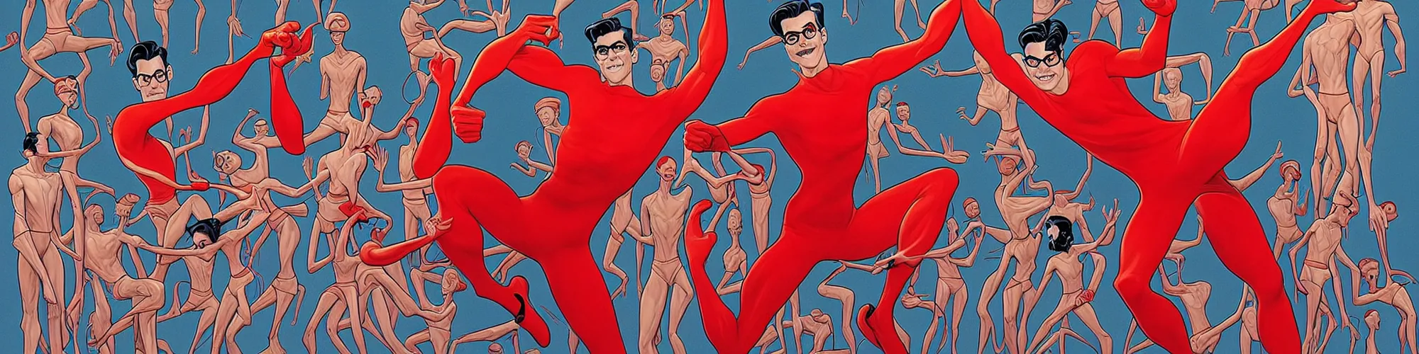 Image similar to plasticman shaking his own hands stretching his right arm across the panel re - entering the image on the left side reaching out to his own body, illustrated by james jean, twirling and twisting