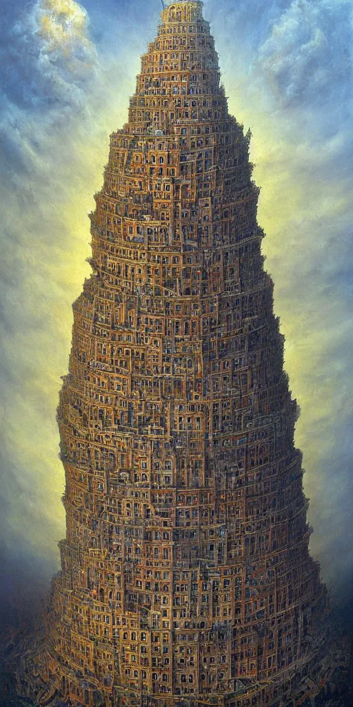 Image similar to tower of babel by tomek setowski, surreal oil painting, dream like, highly detailed, symmetry, masterpiece