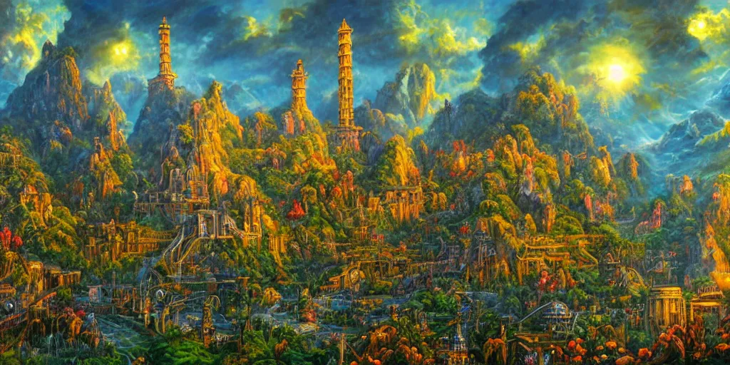 Image similar to fantasy oil painting, regale, fortress mega structure city, colossus of rhodes, atlantis, hybrid, looming, small buildings, warm lighting, overlooking, epic, lush plants flowers, rainforest mountains, bright clouds, luminous sky, outer worlds, cinematic lighting, michael cheval, michael whelan, oil painting, natural tpose