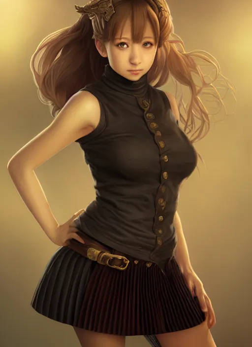 Image similar to portrait of a full body of beautiful young female detective, d & d, sleeveless turtleneck, pleated skirt, fantasy, flat lighting, intricate, highly detailed, digital painting, artstation, concept art, smooth, sharp focus, illustration, misa amane, art by simon bisley and greg rutkowski and alphonse mucha, natural tpose