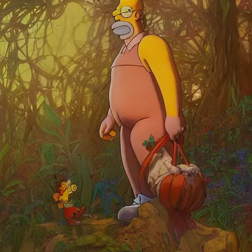 Image similar to ultra realistic illustration of magical homer simpson, forest, fantasy, colorful lights, intricate, elegant, highly detailed, digital painting, artstation, concept art, smooth, sharp focus, illustration, art by artgerm and greg rutkowski and alphonse mucha homer!!! simpson!!!