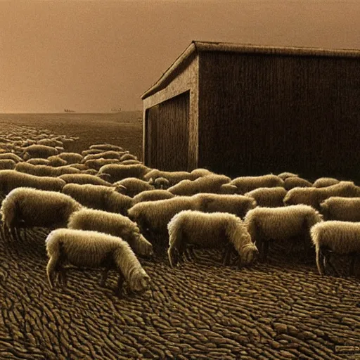 Image similar to dead sheeps in a farm nuclear winter by zdzisław beksinski