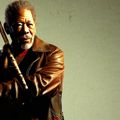 Prompt: photo of Morgan Freeman dressed as Negan, mischievous look with his barbed baseball bat Lucille on his shoulder, in the style of George Hurrell, white fog, octane render