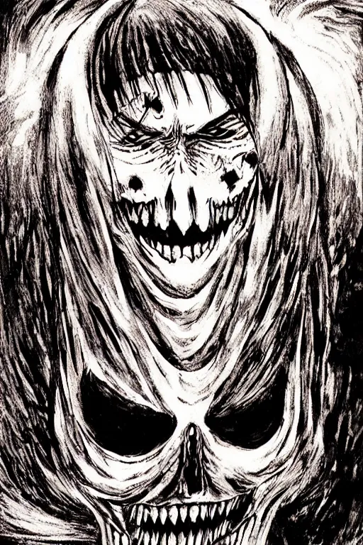 Image similar to angel of death smiling in the dark night, art by takeshi ohbata, junji ito