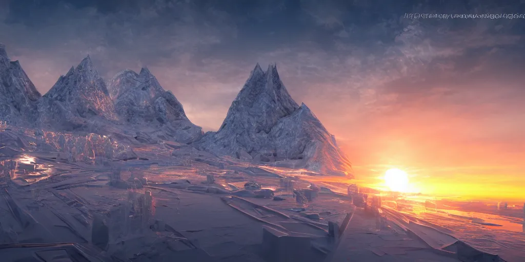 Image similar to futuristic reflective ice city, sunset glowing off a mountain in background, busy waves, ray tracing, refractive, planet in the sky, award winning, trending on artstation, digital art. highly detailed 8 k. intricate. lifelike. soft light. nikon d 8 5 0.