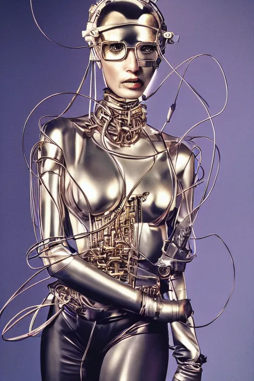 Image similar to portrait of a metal woman in the style of hajime sorayama, editorial photography from vogue magazine, photography