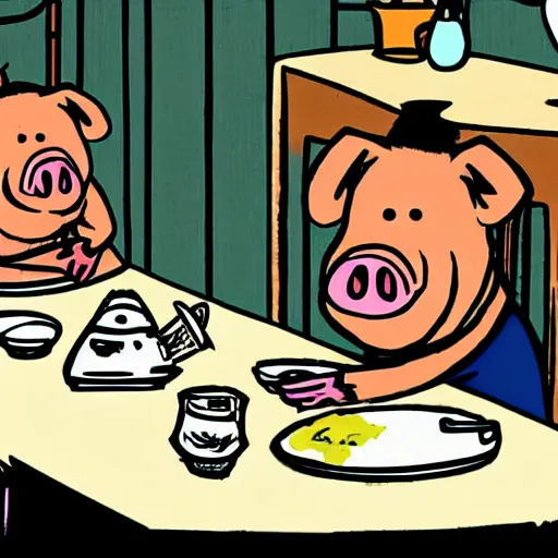 Prompt: a cartoon of a pig sitting at a table eating a human for dinner