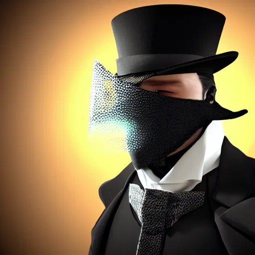 Image similar to a highly detailed portrait of a man in a high top hat covering his face, in a black tailcoat with a yellow waistcoat under the tailcoat, artstation, deviantart, professional, unreal engine 5, photorealistic