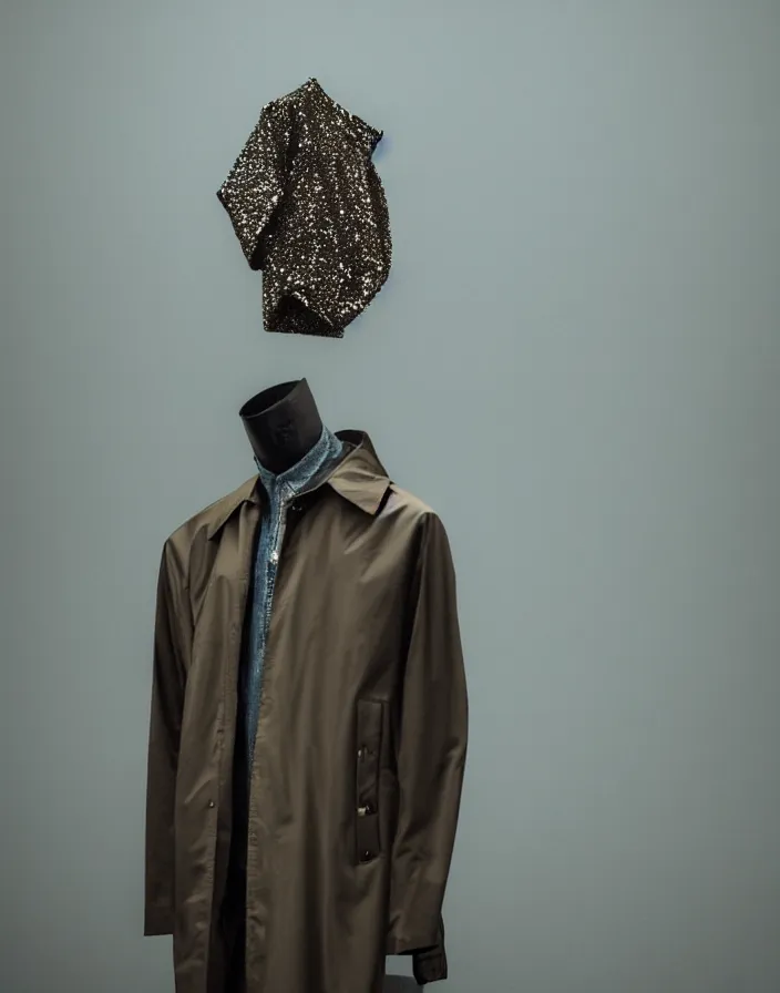 Image similar to close - up portrait of an empty slick fashionable zara raincoat floating suspended mid - air on a glittering rainy display designed by james terrell, wes anderson, symmetry, rule of thirds