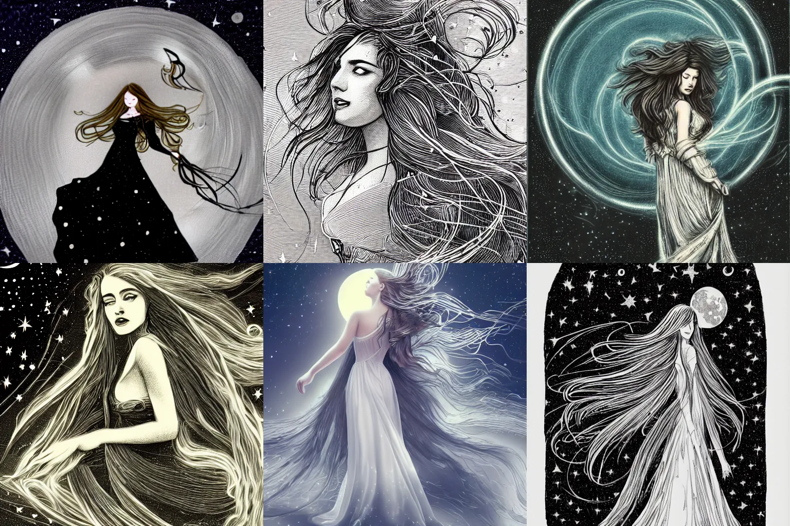 Prompt: an etching of a woman with long hair cascading down her back, wearing a billowing dress and holding a wand, surrounded by stars, digital art, moon, night, space, stars, witch, magic, sorcerer, Pixiv, fantasy, 8k