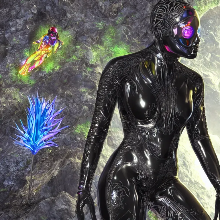 Image similar to octane render portrait by wayne barlow and carlo crivelli and glenn fabry, focus on a woman in a skintight shiny black spacesuit with intricate iridescent metal detailing, covered in bright colorful tropical alien flora in front of a giant photorealistic rocky cliff, cinema 4 d, ray traced lighting, very short depth of field, bokeh