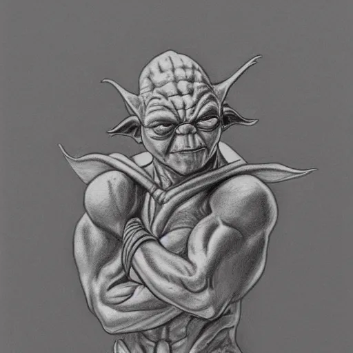 Prompt: full body black and white pencil sketch of a muscular Yoda