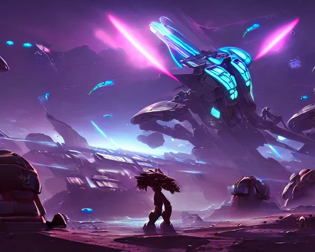 Prompt: artgerm, artstation, massive science fiction battlefield, mech machines firing bullets at big bug aliens, people in space armor shooting neon lasers, destroyed buildings in the background, zerg StarCraft