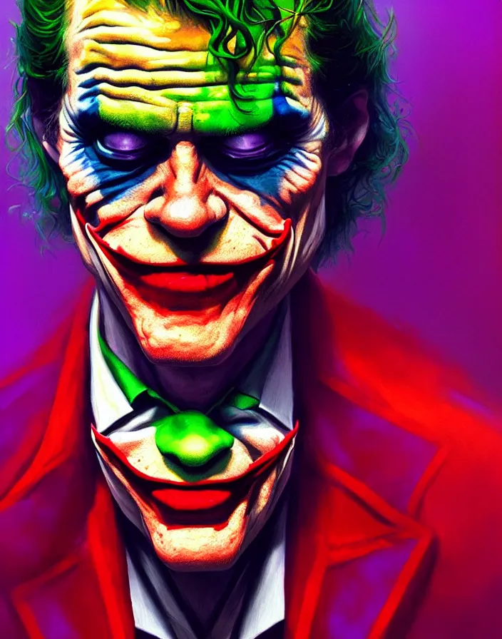 Prompt: a psychedelic portrait of willem dafoe as the joker, vibrant color scheme, highly detailed, in the style of romanticism, cinematic, artstation, moebius, greg rutkowski