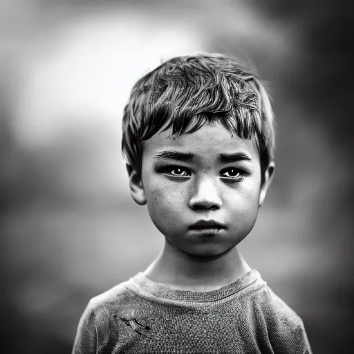 Prompt: stunning portrait photography of A sad child, near forest, outdoors, dark from national geographic award winning, large format dramatic lighting, taken with canon 5d mk4, sigma art lens, monochrome