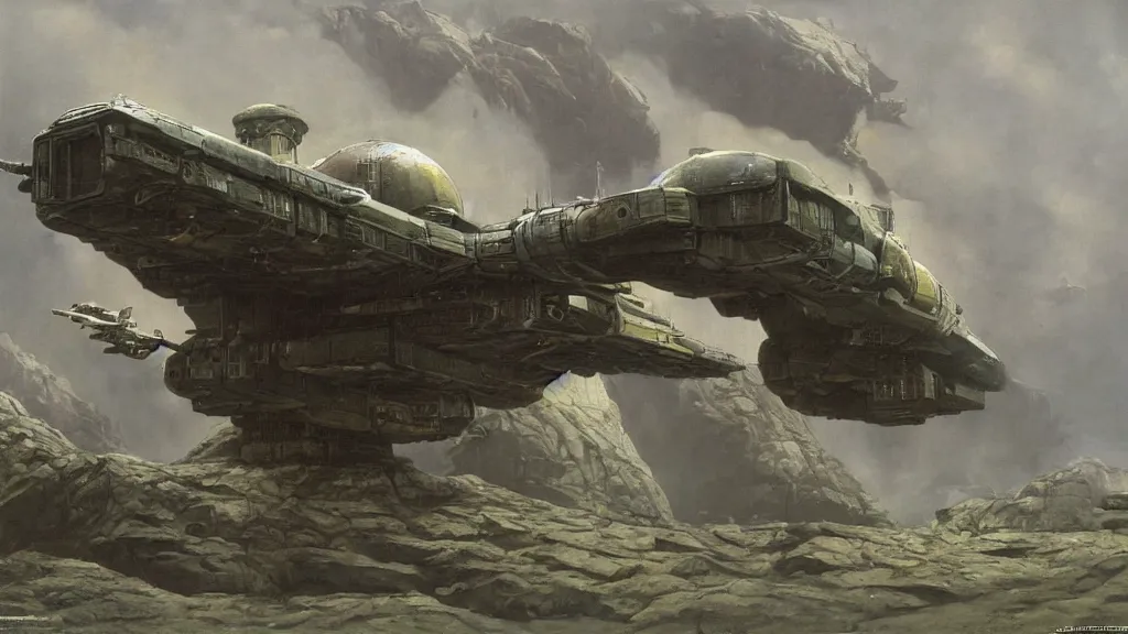 Image similar to organic dropship lander by john schoenherr and jim burns, epic cinematic matte painting