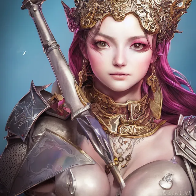 Image similar to studio portrait of lawful good colorful female holy knight paladin as absurdly beautiful, elegant, young sensual gravure idol, ultrafine hyperrealistic detailed face illustration by kim jung gi, irakli nadar, intricate linework, sharp focus, bright colors, matte, octopath traveler, final fantasy, unreal engine highly rendered, global illumination, radiant light, intricate environment