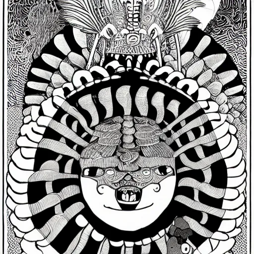 Image similar to b & w illustration of quetzalcoatl, resolved, showing conviction or bad humor by a gloomy silence or reserve, by studio multi and victo ngai, malika favre, punk fanzine copy, william s burroughs, cut up film