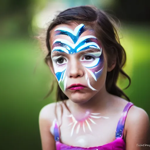 Image similar to a portrait of a abstract girl who has face - painting like abstract object. depth of field. lens flare