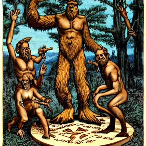 Prompt: group of occultist worshipping a bigfoot statue