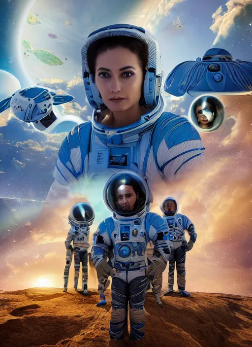 Prompt: closeup group portrait of ashtar space command, depth of field, zeiss lens, detailed, symmetrical, centered, fashion photoshoot, by Annie Leibovitz and Steve McCurry, David Lazar, Jimmy Nelsson, Breathtaking, 8k resolution, extremely detailed, beautiful, establishing shot, artistic, hyperrealistic, beautiful face, octane render