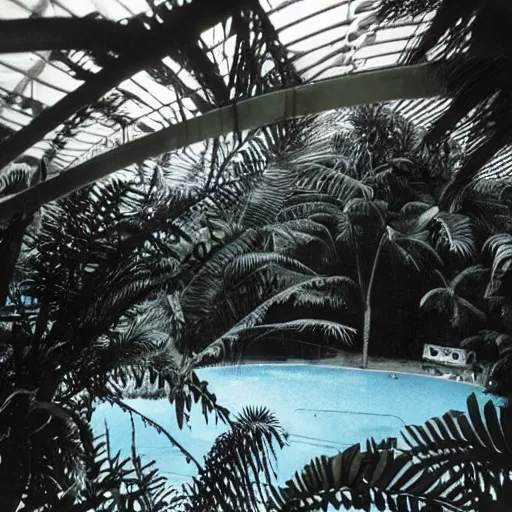 Image similar to inside waterpark with ferns and palm trees, liminal, photo from the 80s, found footage, wideangle,