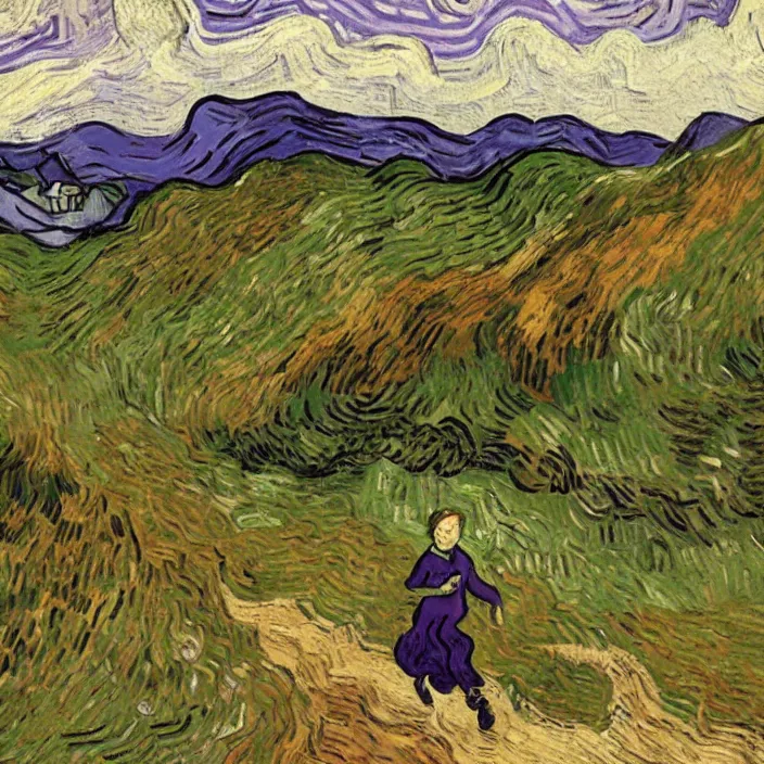 Image similar to woman with brown hair running up a hill, purple colors, painting by van gogh